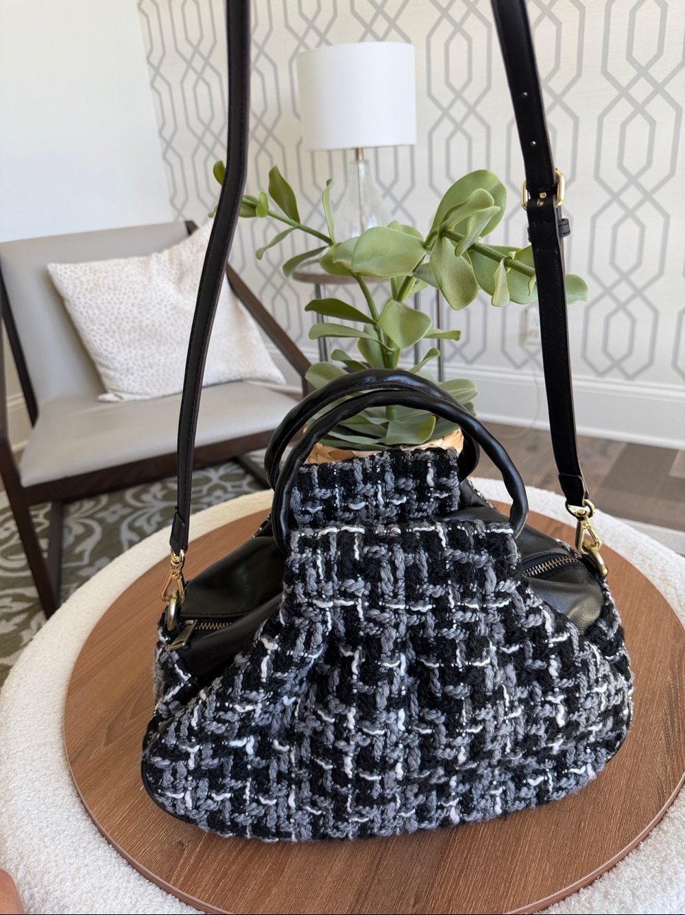 Patricia Nash Tweed Satchel Crossbody Black Leather Boucle Handbag
